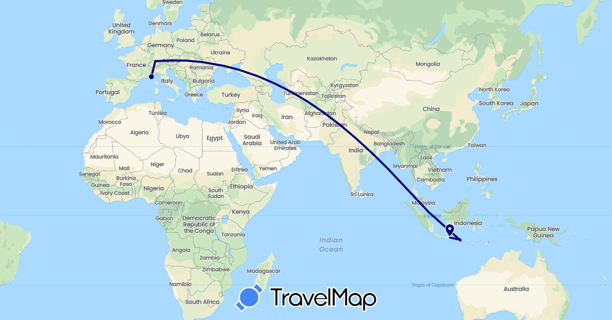 TravelMap itinerary: driving in Switzerland, France, Indonesia, Singapore (Asia, Europe)